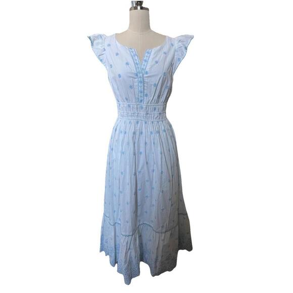 New Rachel Zoe White Blue 100% Cotton Eyelet Maxi Dress Sz 6 Or Small - Picture 1 of 9